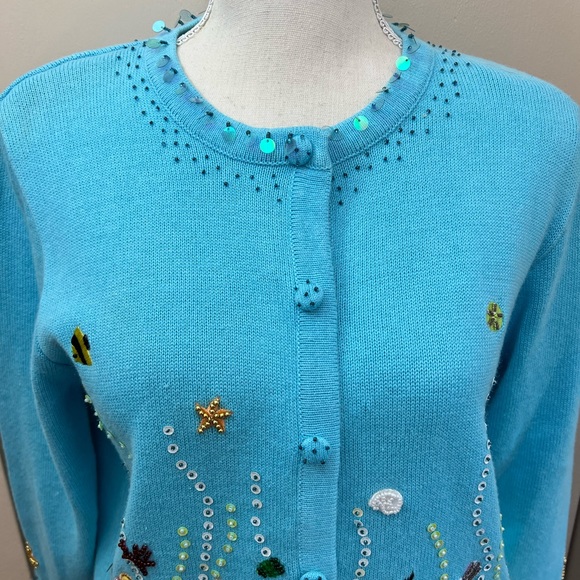 Vintage Jack B. Quick blue mermaid sequin beaded embroidery sweater cardigan M - Picture 9 of 16